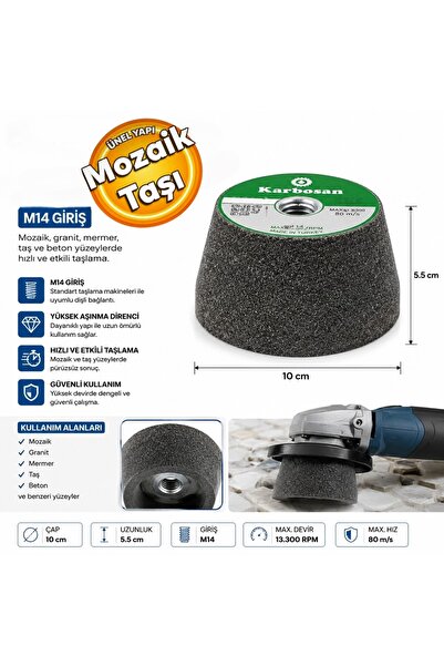 KARBOSAN KK100 100x50xM14 Konik Çanak Mozaik Taşlama Taşı Spiral Uyumlu Mozai...