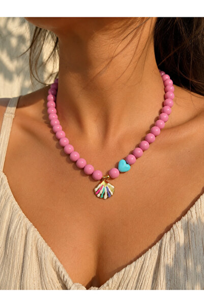 BEAD BERRY Pembe Boncuklu Deniz Kabuğu ve Kalp Figürlü El Yapımı Kolye