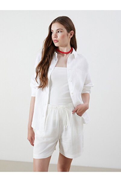 LC Waikiki Xside White 100% Linen Oversize Women's Shirt