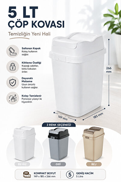 Virela Home 5 LT Sallanan Kapaklı Çöp Kovası Kilitlenebilir Kapaklı Mini Çöp ...