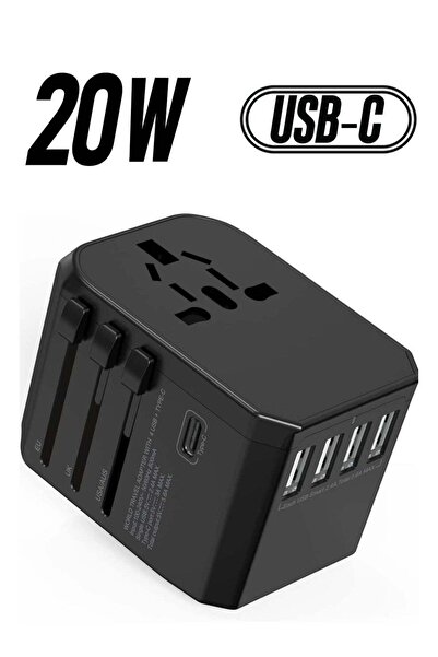 Generic Universal Adapter with Power Socket Plugs, 3 USB, 1 USB-C Port (Black...