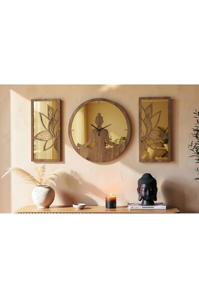 ERGEÇ TASARIM Lotus Meditasyon Gold Aynalı Pleksi Dekoratif Duvar Saati ve Pa...