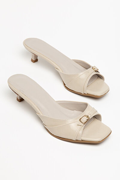 Entella Store Maria Women's Beige Heeled Slippers with Buckle Detail