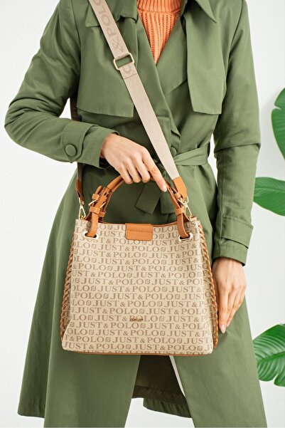 Just Polo Women's Tan Hand and Shoulder Bag with Monogram Print, Double Handl...