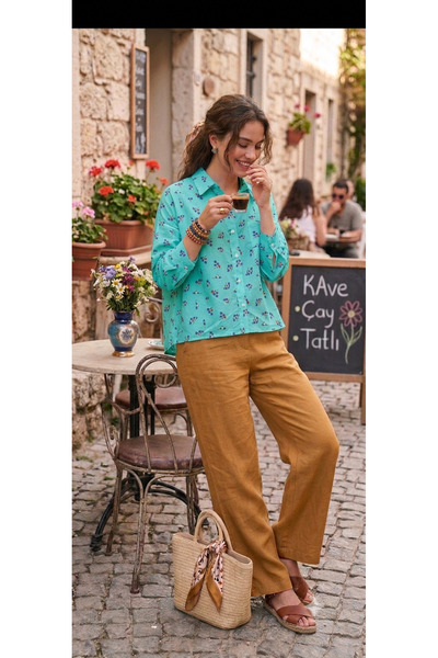 Avcılar Bazaar Kadın Asimetrik Oversize Çiçek Desenli Pamuk Cepli Gömlek