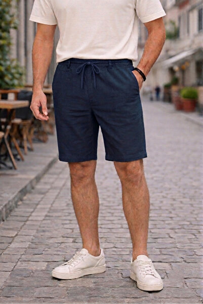 TheSeason Navy Blue Relaxed Fit Linen Chino Men's Bermuda Shorts