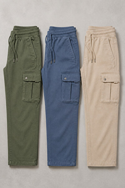 DAMGA JEANS Men's 3-Piece Cargo Linen Trousers with Elastic Waist