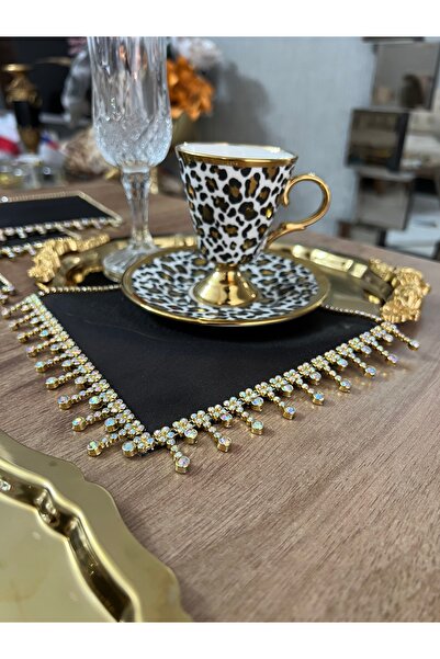 AHİR TİCARET Handmade Square Beaded Coffee Presentation-Serving Napkin 6 Pieces