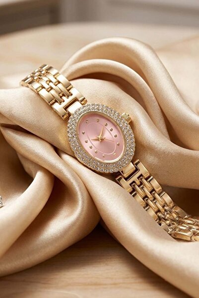 GANYMET Vi̇vos Women's Gold Steel Bracelet Watch Pink Dial Stone Embellished ...