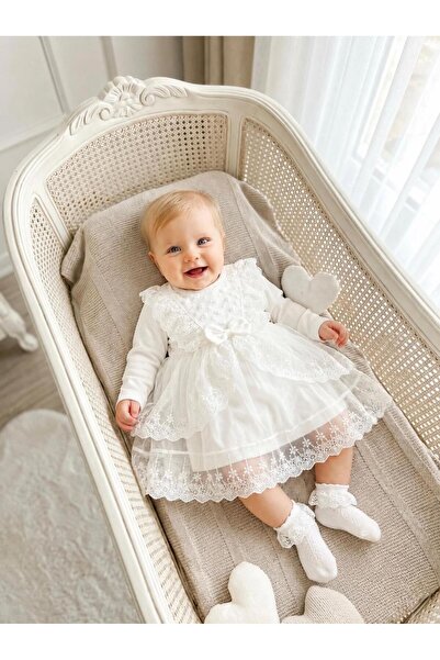 Bebila Baby Baby Girl Mevlütlük Dress with Bandana and Lace, Newborn Hospital...
