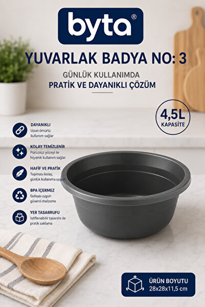 BYTA 4.5 L Round Plastic Basin No:3 Multi-Purpose Durable Basin for Kitchen a...