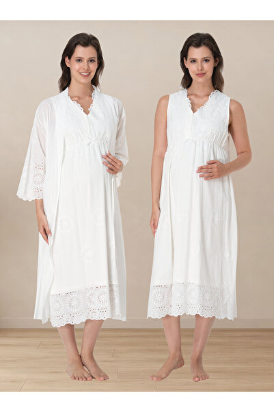 ByLohusa Scalloped Fabric Maternity Nightgown Set with Nursing Features and R...
