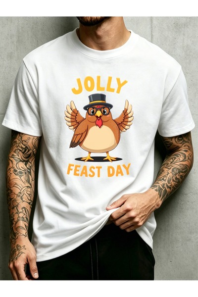 STITCHLY Cartoon Turkey with Hat Glasses Jolly Feast Men'S Crewneck T-Shirt L...