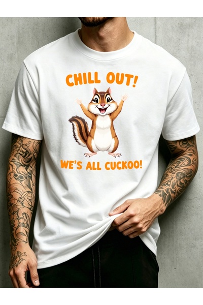 1001 Line تي شيرت رجالي بتصميم سنجاب لطيف مع نص 'We're All Cuckoo'، تصميم فضف...