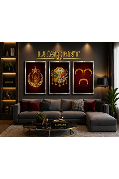 Lumcent 3 Parça Osmanlı Arması, Bozkurt ve Üç Hilal MDF Tablo Seti – Altın Pl...