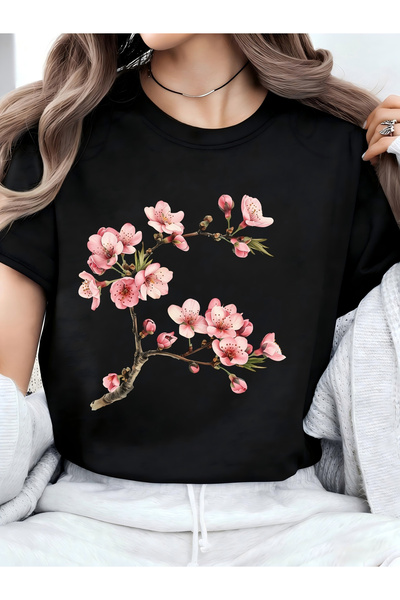 STITCHLY تي شيرت نسائي جديد بأكمام قصيرة يتميز بطباعة أغصان زهور الكرز الوردي...