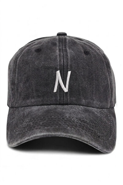 ŞapkaMania Black Embroidered Washable Vintage Unisex Hat with Letter N