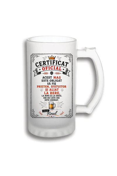 peGiftuiala Halbă Bere Personalizată 500 ml – Certificat Oficial pentru Naș