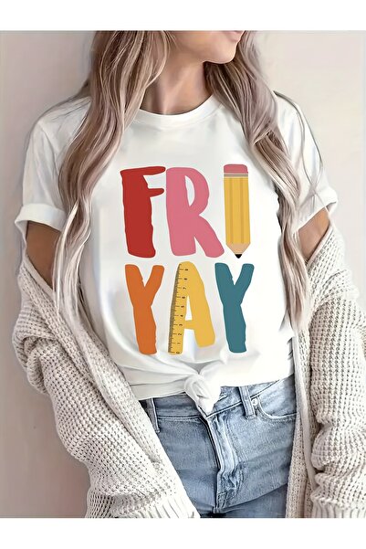 BASEPULSE تي شيرت نسائي بتصميم مرح للمعلمات، مطبوع عليه عبارة "FRI YAY" ملونة...