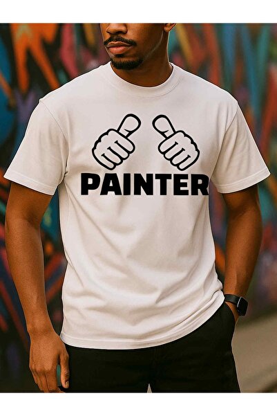 BASEPULSE تي شيرت رجالي بتصميم ريترو أبيض بطبعة PAINTER & Thumbs Up، قميص ريا...