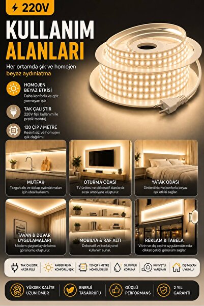 KOMPLİKE 220V Günışığı Tak Çalıştır Fişli Esnek Led Şerit - 1-20 Metre - 120 ...