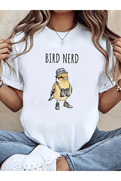 12 Teknoloji تي شيرت أبيض بأكمام قصيرة وياقة دائرية يتميز بتصميم 'Bird Nerd'....