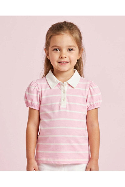 REDTAG Girls Pink And White Stripe Polo T-Shirt