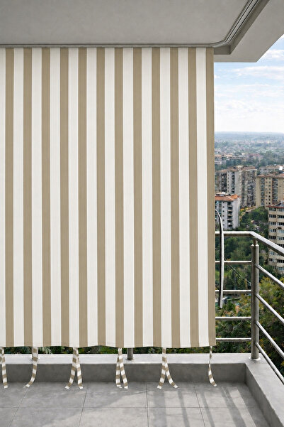 DEVRİM OLİVYA TEKSTİL Bej-Krem balkon perdesi kornişli bağcıklı su geçirmez d...