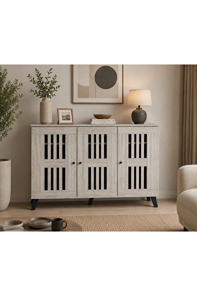 N.zone Multi-Use Buffet Cabinet with 3 Doors and Elegant Slat Fronts - Modern...