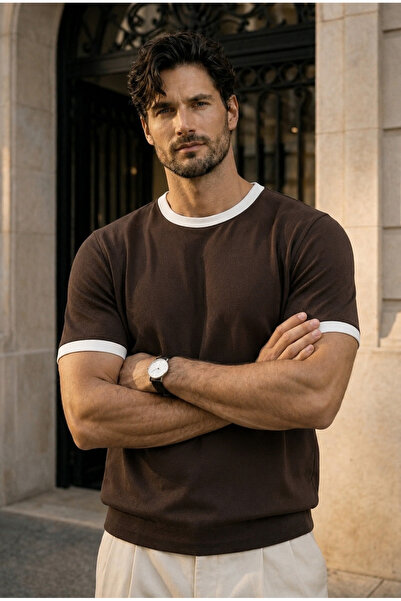 Valiberta Capra Collar Cuffed Basic Cotton Lycra Two-Thread Men's T-Shirt - B...