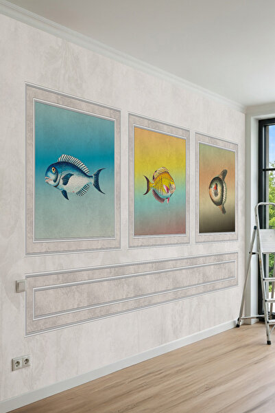 dreamwall Çıtalı Marin Balık Tablosu Desenli Tek Parça Tekstil Duvar Kağıdı