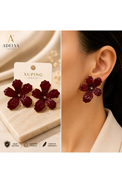 ADELYA CONCEPT Burgundy Flower Figured Gold Detailed Steel Women's Earrings