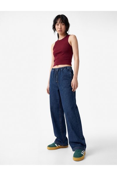 Koton Pantaloni din denim cu talie cu șireturi, buzunare și picior larg - Indigo închis