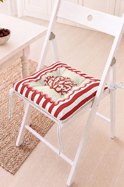 Home Kırmızı Çizgili ve Mercan Motifli Pofidik Sandalye Minderi - Dekoratif B...