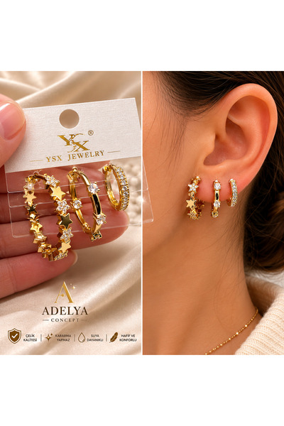 ADELYA CONCEPT Set of 3 Gold Color Star and Zircon Stone Steel Hoop Earrings