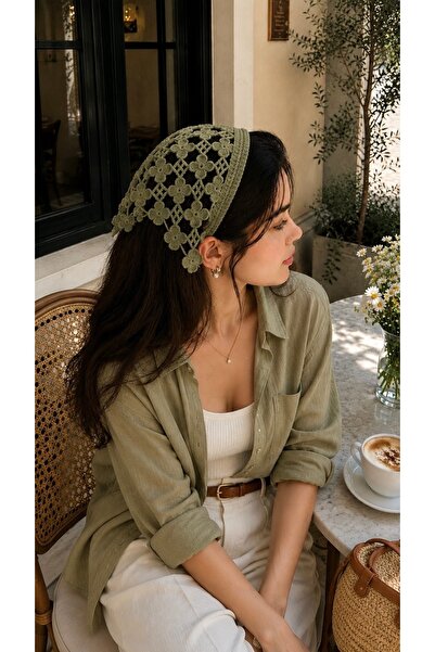 CSR AKSESUAR Handmade Floral Motif Metal Crown Knitted Bandana - Non-Slip Boh...