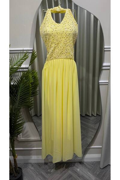 Jood Lemon Halter Neck Evening Dress with Luxurious Embroidery