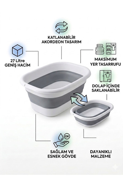 Simply Now Katlanır Akordeon Çamaşır Selesi ve Temizlik Kovası 27 Litre – Gri...