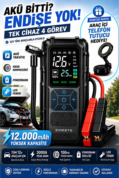 Zineets Pro Taşınabilir Dijital Göstergeli Araç Lastik Sişirme Ve Araç Takviy...