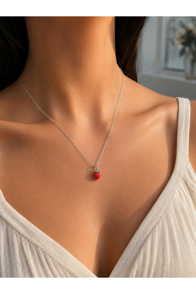 MODA MANANI Women's Silver Color Minimal Red Strawberry Figured Chain Necklace