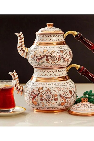 Genel Markalar Erzincan işlemeli bakır beyaz renkli çaydanlık takımı - 1 set ...