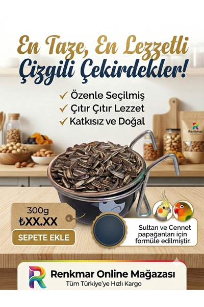 renkmar Sultan ve Cennet Papağanı İçin Özel Seçim Çizgili Çekirdek 300g - Taz...