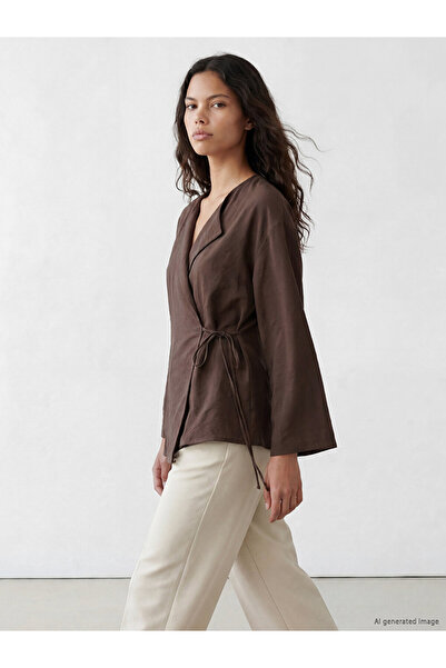 LC Waikiki Lcw Modest Brown V-Neck Modal Blended Women's Kimono