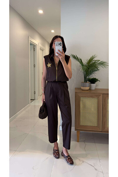 BİRCANÇİL Ripsy Brown Stone Printed Bomber Vest Pants Set