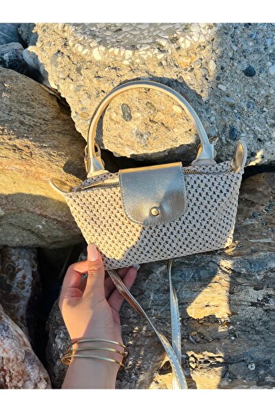 SANTA FLEX Women's Gold Faux Leather Detailed Mini Straw Hand and Shoulder Bag