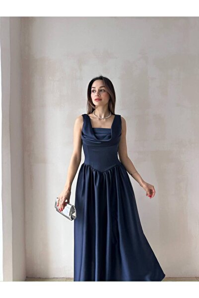 ALPŞAN TİCARET Navy Blue Thick Strap Draped Satin/Crepe Midi Evening Dress