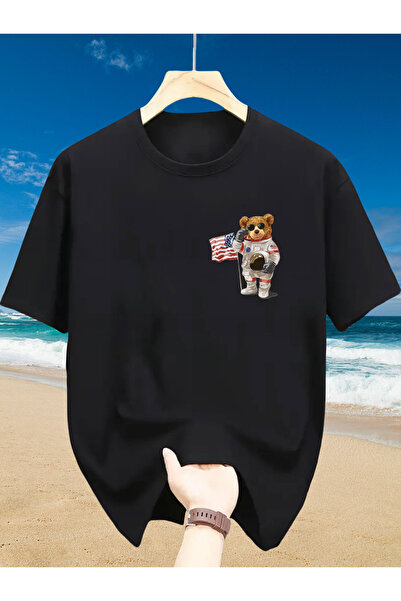 BASEPULSE Men'S 100 Crew Neck Oversize T-Shirt With Astronaut Bear Graphic Pr...