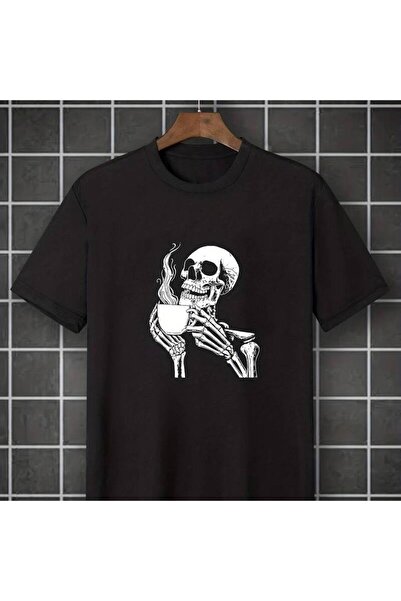 12 Teknoloji Trendy Skull Drinking Coffee Graphic Tees, Comfy Stretch Breatha...