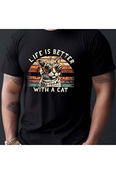 2mcup تي شيرت مطبوع عليه Life Is Better With A Cat، تي شيرت رجالي، تي شيرت كا...