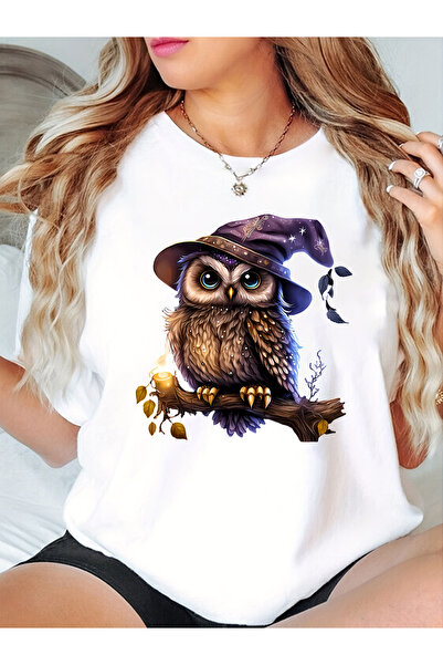 1001 Line Women'S Black T-Shirt with Magical Owl & Hat Print - Short Sleeve, ...